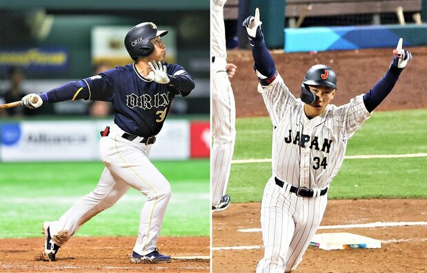 左/シーズン全143試合に出場し、打率.321、26本塁打の成績を残した2018年、オリックス時代の吉田(2018年5月4日、福岡ヤフオクドーム) 右/第5回WBC(ワールド・ベースボール・クラシック)では準決勝メキシコ戦で起死回生の同点3ランを放つなど活躍し、「陰のMVP」とも言われた(2023年3月20日、アメリカ・マイアミ) 時事