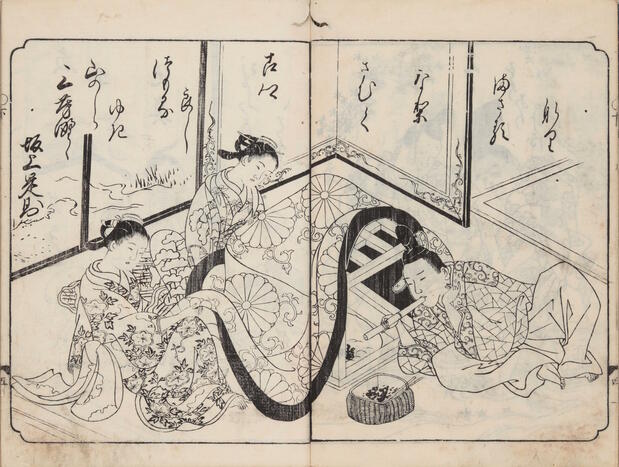 《绘本和歌浦》（1734年发行）中描绘了一家人点燃炭火，准备放入被炉中的场景（日本国文学研究资料馆藏）