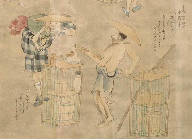 Vendedor de tokoroten en Ilustraciones de artesanos, propiedad de la Biblioteca Nacional de la Dieta.