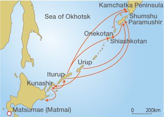 Trade routes connecting Hokkaidō, the Kuril Islands, and Kamchatka in the seventeenth and eighteenth centuries. The Ainu regularly traveled as far as the Kamchatka Peninsula via the Kurils to obtain goods that they later sold in Matsumae, on the southern tip of Hokkaidō.