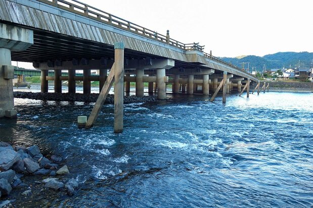 宇治橋のたもとの奔流(筆者撮影)
