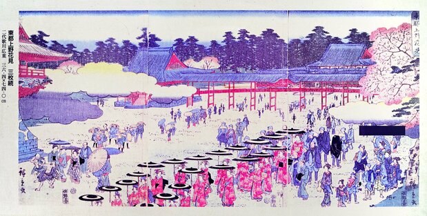 現在の寛永寺・根本中堂の脇に掲示されている二代広重『東都上野花見』（1868）を撮影させてもらった。解説文には大奥の行列とあるが、髪型は見習い遊女の禿や新造のもので、遣（や）り手や若者も付き従うため、吉原娼家御一行であることは明らかだ