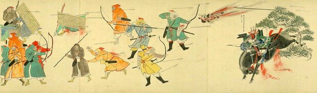 『蒙古襲来絵詞（模本）』に描かれた鳥飼浜の合戦。右の馬上の武士が竹崎季長、馬のそばで「てつはう」がさく裂している（九州大学付属図書館所蔵）