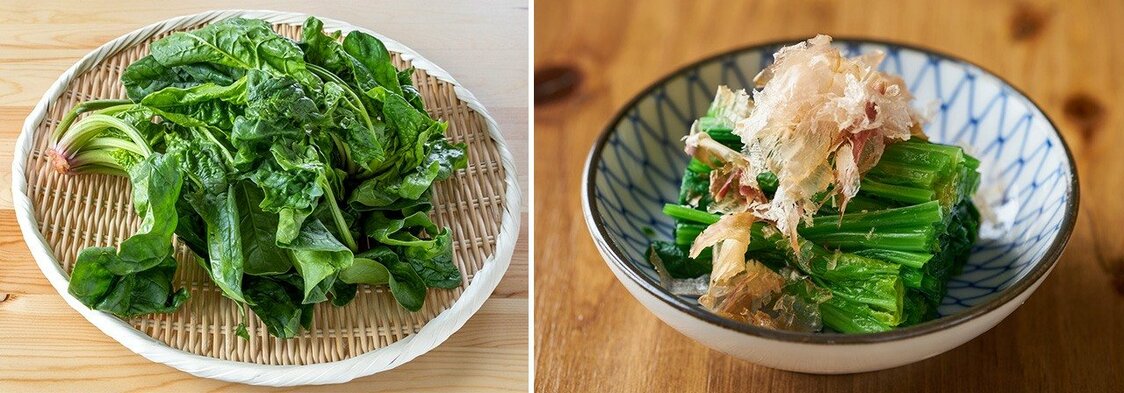 (à gauche) Épinard chijimi ; (à droite) Ohitashi d’épinards (bouilli avec une sauce de soja parfumée au thon).