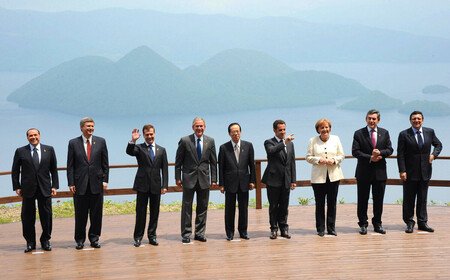 Then Japanese Prime Minister Yasuo Fukuda (center) poses for a commemorative photo with other world leaders at a Group of Eight summit in Toyako, Hokkaido, on July 8, 2008.