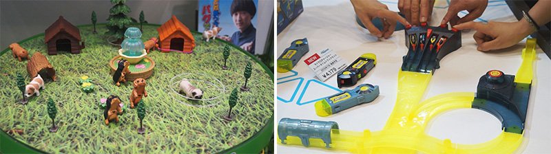 Figurines de la taille d’un ongle faisant partie de la série Zoo minimal Jare Inu (à gauche, avec l’aimable autorisation de Tomy), et voitures de courses de la série Micro Chargers dont les piles peuvent être rechargées en 8 secondes (à droite, avec l’aimable autorisation de Happinet).