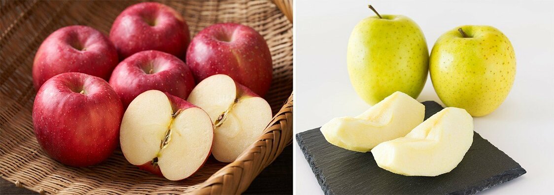 Pommes fuji (à gauche) et ôrin
