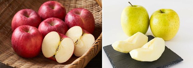 Fuji (left) and ōrin apples. (© Pixta)