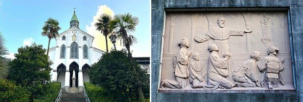 A la izquierda, la iglesia de Ōura (tesoro nacional), terminada en 1864. Es la construcción cristiana más antigua que se conserva en Japón. A la derecha, relieve que representa el “descubrimiento” de los cristianos japoneses. Fue colocado en un jardín próximo a la iglesia en 1965, como motivo del centenario del “descubrimiento”. (Fotografías: Amano Hisaki)