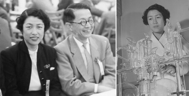 A la izquierda, Saruhashi junto a su maestro, Miyake Yasuo (Osaka, 1960). A la derecha, Saruhashi en 1965, cuando trabajaba en el Instituto de Investigaciones Meteorológicas, en Kōenji (Tokio). (Cortesía de la asociación Josei Kagakusha ni Akarui Mirai wo no Kai)