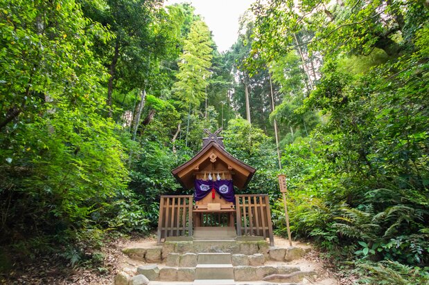 Amenokagami Shrine, dedicated to Inata Hime, watches over the pond and its visitors.