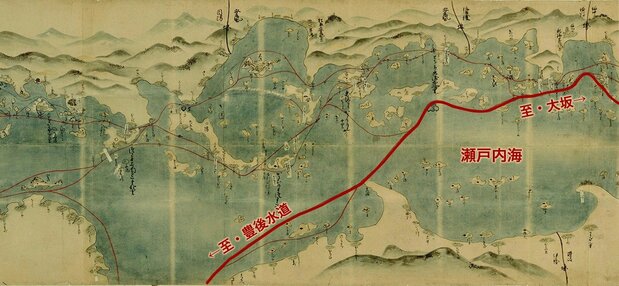 江戸初期に作成された『西国筋海上道法絵図』(写)。太線は熊本藩が使った海路(推定)。国立国会図書館所蔵