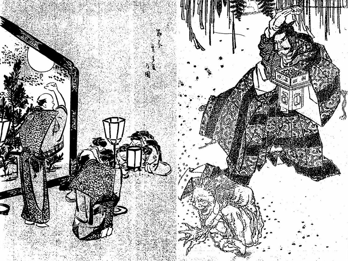 A la izquierda, un hombre lanza soja tostada en el Libro ilustrado sobre las costumbres. El varón al que se le asignaba dicha tarea había nacido en el mismo año del zodiaco chino que tocara cuando se celebrara la ceremonia; a la derecha, Sakata no Kintoki, también conocido como Kintarō y famoso por haber acabado con ogros como Shuten-dōji, ahuyenta a una de estas criaturas arrojándole soja tostada en el Manga de Hokusai. Ambas ilustraciones son propiedad de la Biblioteca Nacional de la Dieta.