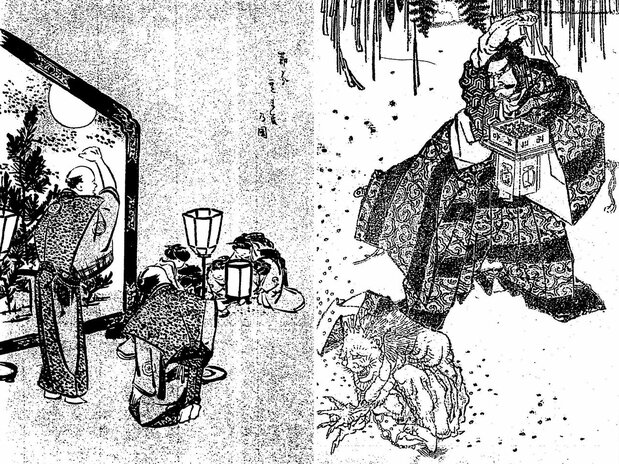 (左)当年为本命年的男子身穿武士礼服负责撒豆(出自《绘本风俗往来》);(右)《北斋漫画》中,因打退酒吞童子等鬼怪而闻名的坂田金时(金太郎)把豆子扔向鬼,将鬼逐走(均藏于国立国会图书馆)