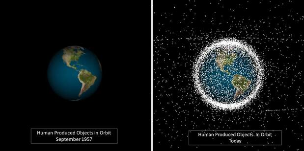 人类太空探索初期和如今地球轨道上人造物体数量对比图（图片：Astroscale公司）