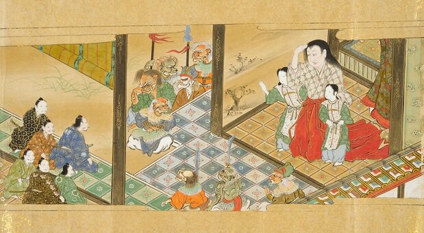 酒吞童子白天以巨人童子(右二)的姿态示人,晚上则变成鬼(《大江山酒吞童子绘卷物》/国立国会图书馆数字馆藏)