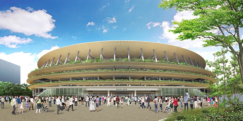 Diseño del nuevo Estadio Nacional. La protección de los aleros de madera crea una sombra agradable. Por encima de estos se plantará hierba. Imagen cortesía de Taisei Corp., Azusa sekkei, Kengo Kuma & Associates, JV Sakusei / JSC
