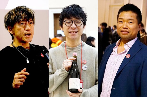 Слева направо: Икэ Тосихиро из Nagomi Vineyards, Ока Нориюки из Gubi Gubi и спонсор и винодел Ивасаки Гэнки (© Укита Ясуюки)