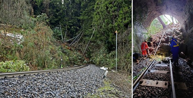 崩れた土砂がトンネルをふさいだのと鉄道の線路(石川県穴水町)左写真=共同、右写真=時事/のと鉄道提供