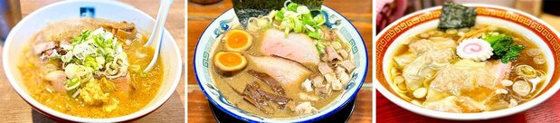 Sapporo-style miso ramen: Ōshima (Funabori, Edogawa); Aomori-style niboshi ramen: Nagao Chūkasoba (Kanda Ogawamachi, Chiyoda); Fukushima-style Shirakawa ramen: Mensōan Sunada (Sugamo, Toshima) (© Yamakawa Daisuke)
