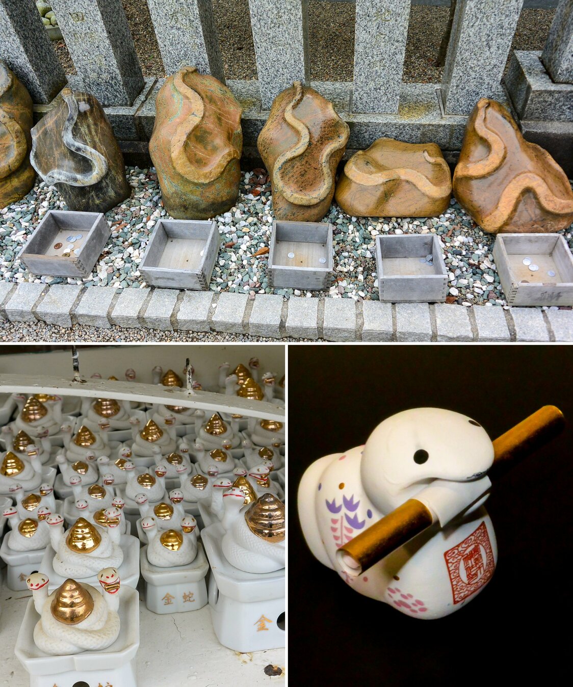 Arriba: “piedras-serpiente” para bendiciones monetarias alineadas en el recinto del templo. Abajo a la izquierda: ofrendas “serpiente de oro”. Abajo a la derecha: “papeleta de la fortuna de la serpiente”, con una serpiente blanca que sostiene en la boca una papeleta de la fortuna. (Imágenes del autor)