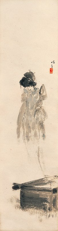 Sarayashiki no Okiku (Okiku of the Plate Mansion). Based on the famous story of the servant Okiku who loses her life after breaking one of the 10 valuable plates of the family she works for. As a ghost, she spends each night counting and recounting the plates. The depiction of the legs fading out is a standard of the ghost painting genre.