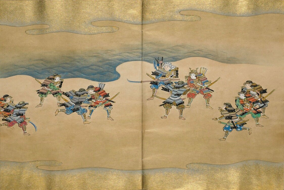 壇ノ浦の戦いを控え、先陣争いを巡って義経と梶原景時が同士討ちしそうになる場面。右から4人目の赤い甲冑が義経で、三浦義澄が止めている。景時は左から4人目の後ろ姿の人物。その前に土肥実平が割って入っている。『奈良絵本 平家物語』巻十一/明星大学図書館所蔵