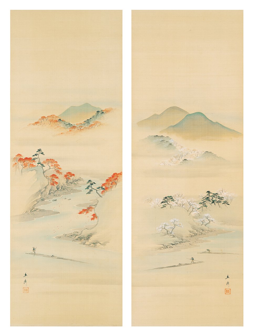 Kakejiku o rollos colgantes encargados por el dominio de Tendō. Izquierda: Hojas rojas de otoño en el río Tatsuta. Derecha: Cerezos en Yoshino. Imagen cortesía del Museo de Arte Hiroshige.