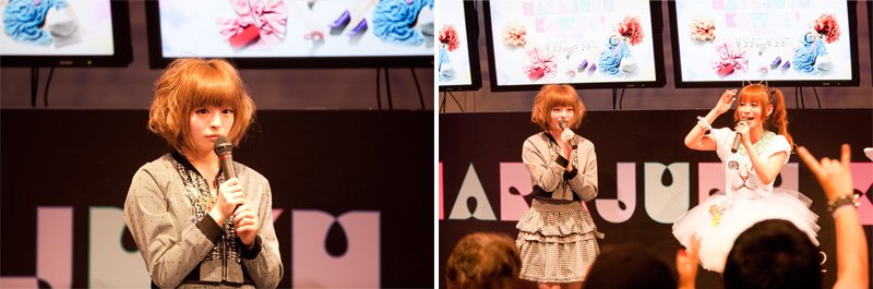 「原宿カワイイフェス」に出演したきゃりーぱみゅぱみゅ。「原宿カワイイ大使」ステージ衣装以外は「地味め」の服装を選ぶ。オタクにも人気のアイドル「しょこたん」こと中川翔子との珍しいツーショットも（右）。（2012年9月23日、東京・原宿クエストホール）