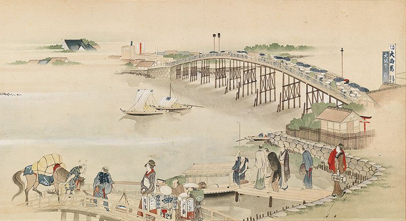 توضح تفاصيل منطقة بالقرب من جسر ريوغوكو من سوميداغاوا ريوغان كيشيكي زوكان ((Sumidagawa ryōgan keshiki zukan لوحة تجسد مشاهداً على ضفتي نهر سوميدا) من إبداع كاتسوشيكا هوكوساي. من مجموعة متحف هوكوساي في سوميدا.