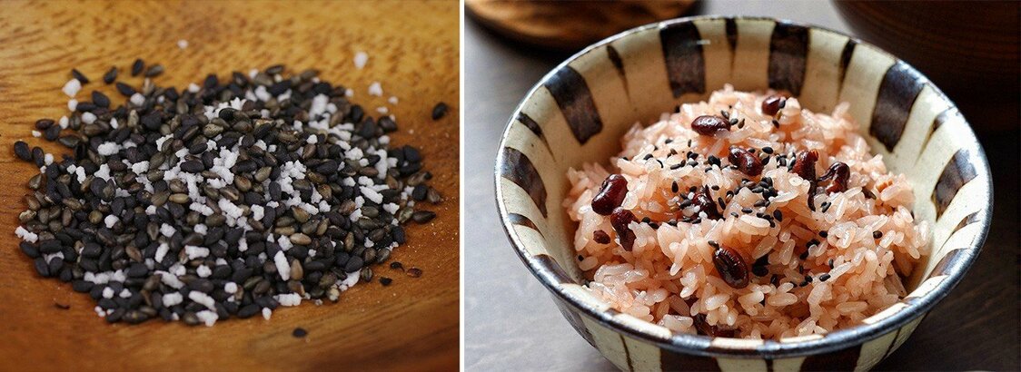 Le goma-shio (à gauche) est facilement disponible dans le commerce. Son utilisation inclut le sekihan (à droite), un mélange de riz et de haricots rouges, servi lors des repas de fête. (PhotoAC)