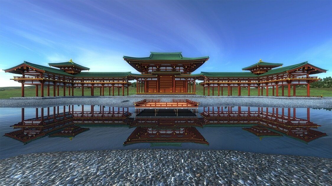 無量光院復元CG。平等院鳳凰堂を模して造営された。写真提供:平泉町教育委員会、復元考証:京都大学大学院教授 冨島義幸、CG作成：共同研究者 竹川浩平