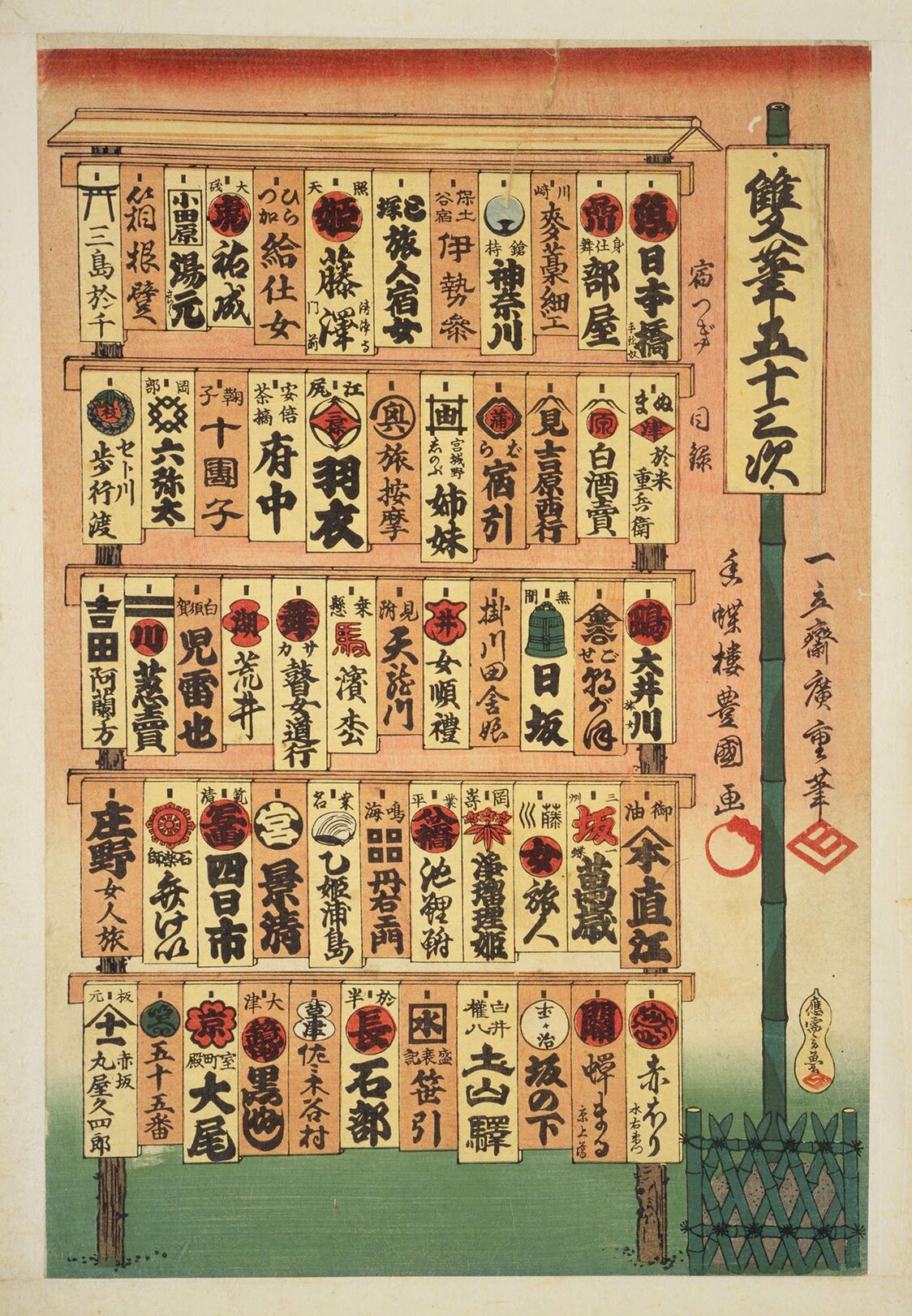 『双筆五十三次 目録』（1854年　国会図書館蔵）は、宿場名の木札を並べたようなデザイン。広重、三代豊国の名の下に、玄魚の名前も記される