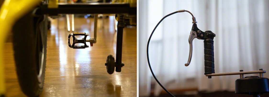 Le COGY est très facile à utiliser. Une pression très légère suffit pour enclencher le mouvement du fauteuil. Une poignée sur le côté est reliée à la roue arrière et permet de changer de direction et de freiner.