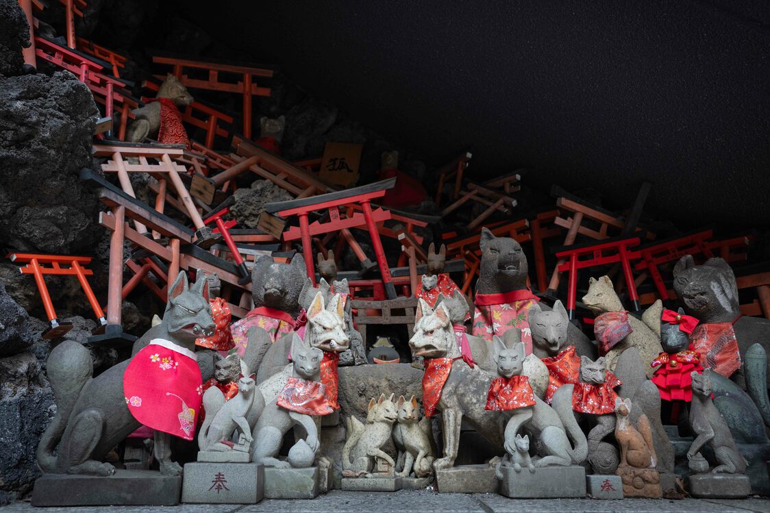 El “montículo de los zorros” del santuario Anamori Inari. Alberga numerosas estatuas de zorros, animales que se consideran mensajeros de la divinidad en los santuarios Inari. (Fotografía de Hatsuzawa Ari)