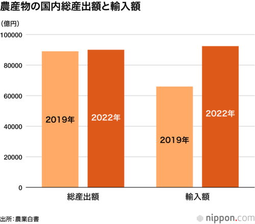 農産物の国内総産出額と輸入額(億円)
