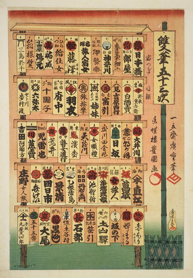 『双筆五十三次 目録』(1854年 国会図書館蔵)は、宿場名の木札を並べたようなデザイン。広重、三代豊国の名の下に、玄魚の名前も記される