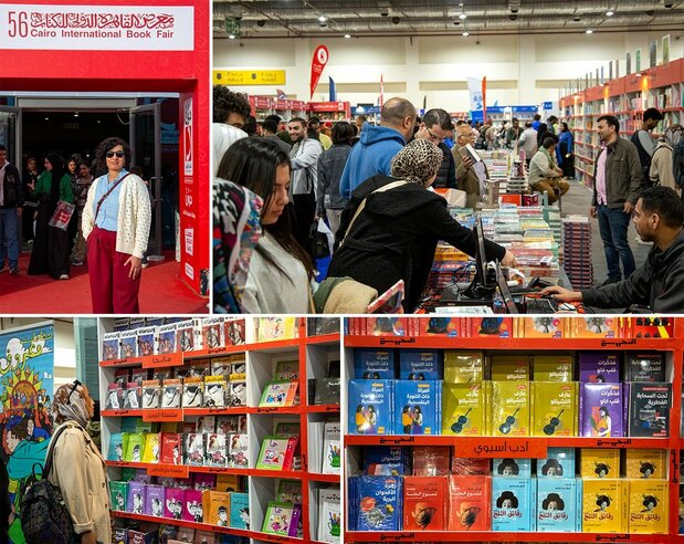 左上から時計回り:「カイロ国際ブックフェア」入口の前で/にぎわう会場内/『空芯手帳』『むらさきのスカートの女』などが並ぶ文学の棚/ラナさん翻訳のマンガが並ぶ棚を眺める女性 ©Menna El-Azzamy