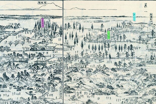 『江戸名所図会』4巻「日暮里惣図」(1836年刊、国会図書館蔵)は7ページにわたる大パノラマ。4〜5ページの上部に諏訪明神社の境内が広がる。諏訪明神社の短冊部分を紫色、浄光寺を水色で塗った。緑の「六地蔵」の左上に、地蔵坂がある