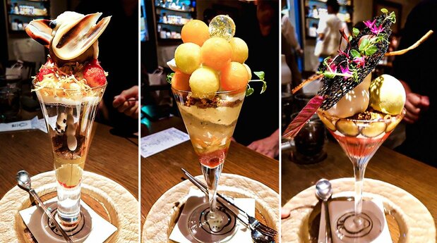Sapporo food culture—the famous shime parfait. Left to right: Flying Strawberry Daifuku, Mero Mero, Decorative Drive. (©Li Kotomi)