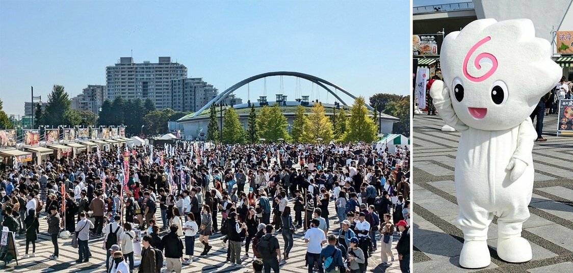 The ramen festival, at left, and the official mascot Naruto-chan. (© Tokyo Ramen Festa Executive Committee)