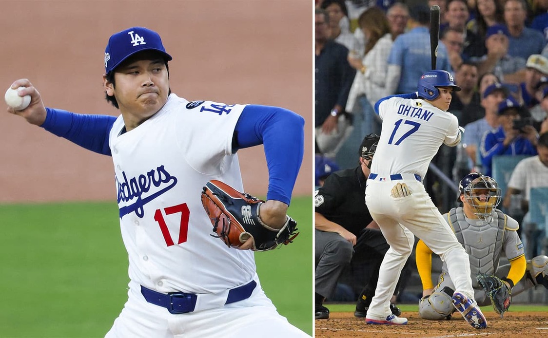 أوتاني شوهي من لوس أنجلوس دودجرز يرمي ويضرب في المباراة الرابعة من جولة NLCS ضد ميلووكي بروورز. © إيماجن إيماجز عبر رويترز كونيكت)
