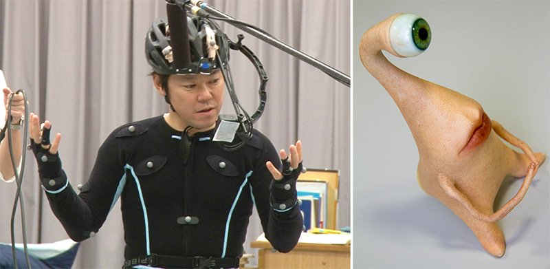 Abe Sadao interpreta a Migii, el parásito que vive en la mano derecha de Shin’ichi, con el traje de captura de movimiento. ©2015 Comité de Producción de Kiseijū