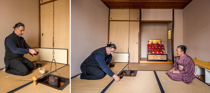 濃茶の稽古をする野尻の弟子の一人アンドレア・ファラ・宗安。