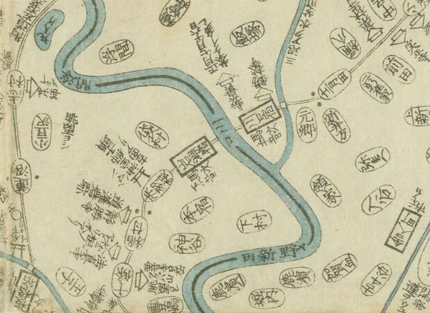 1825（文政8）年作成の『東都近郊図』（国会図書館蔵）より、川口の渡しを中心に切り抜いた。岩淵宿、川口宿共に「馬次」と記載され大きな宿場だったことがうかがえる。善光寺には「正月七月十六日参ケイ多シ」と記載されている