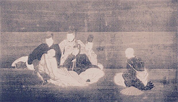 An ema from 1787 at Kotohiragū Shrine depicting the Rokkasen, six notable mid-ninth century Japanese poets, including Ariwara no Narihira and Ono no Komachi. From the Kotohiragū ema kagami compilation of ema at Kotohiragū Shrine. Courtesy the National Diet Library).