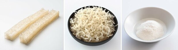 自左而右分別為寒天棒、寒天條、寒天粉(PIXTA)