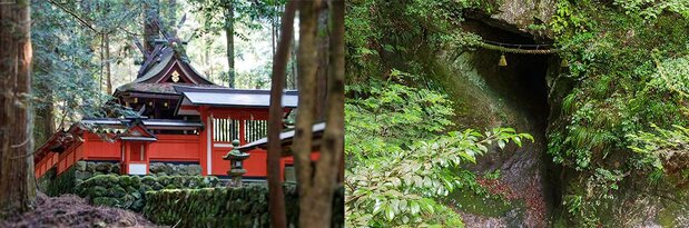 A la izquierda, el pabellón principal del santuario de Ryūketsu. A la derecha, la caverna Kisshō Ryūketsu, a una media hora a pie, montaña adentro. Imagen cortesía del santuario de Murō Ryūketsu.