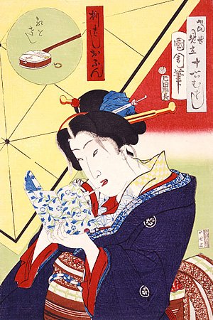 当世見立十六むさし 柳はしおこん 紅をさし／豊原国周　明治4（1871）年（ポーラ文化研究所所蔵）
