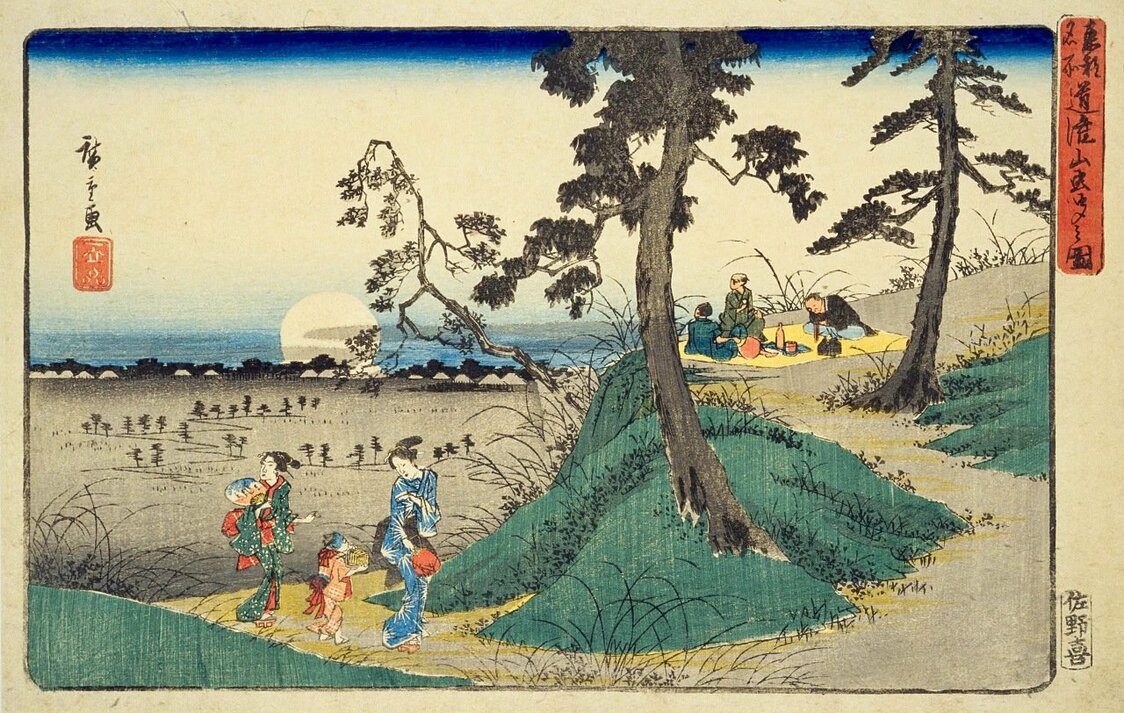 『東都名所 道潅山虫聞之図』は、十五夜に虫を捕まえにやって来た母娘を描いた微笑ましい絵。右には月見酒に興じる男たち。国立国会図書館所蔵